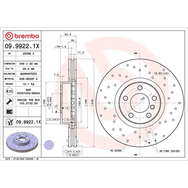 Bromsskiva Hålad/ventilerad, Framaxel Brembo 09.9922.1X BREMBO