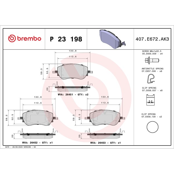 Bromsbeläggsats, Framaxel Brembo P 23 198 BREMBO