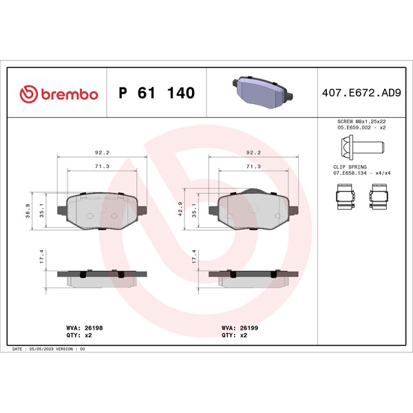 Bromsbeläggsats, Bakaxel Brembo P 61 140 BREMBO