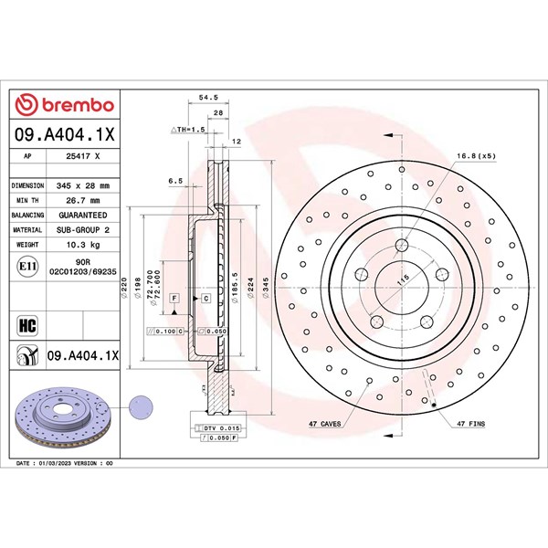 Bromsskiva Hålad/ventilerad, Framaxel Brembo 09.A404.1X BREMBO