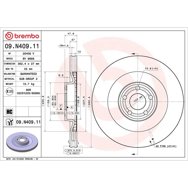 Bromsskiva Ventilerad, Framaxel Brembo 09.N409.11 BREMBO