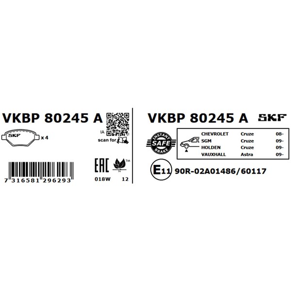 Bromsbeläggsats, Framaxel Skf VKBP 80245 A SKF Bromsbeläggsats, Framaxel Skf VKBP 80245 A SKF