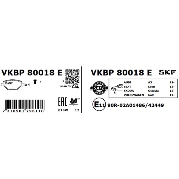 Bromsbeläggsats, Framaxel, Bakaxel Skf VKBP 80018 E SKF Bromsbeläggsats, Framaxel, Bakaxel Skf VKBP 80018 E SKF
