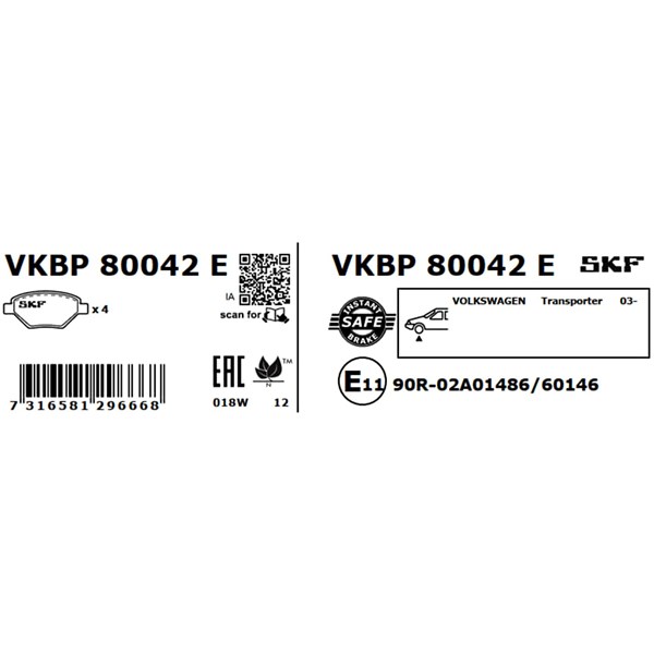 Bromsbeläggsats, Framaxel Skf VKBP 80042 E SKF Bromsbeläggsats, Framaxel Skf VKBP 80042 E SKF