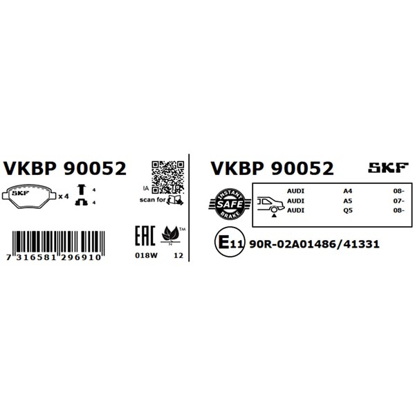 Bromsbeläggsats, Bakaxel Skf VKBP 90052 SKF Bromsbeläggsats, Bakaxel Skf VKBP 90052 SKF