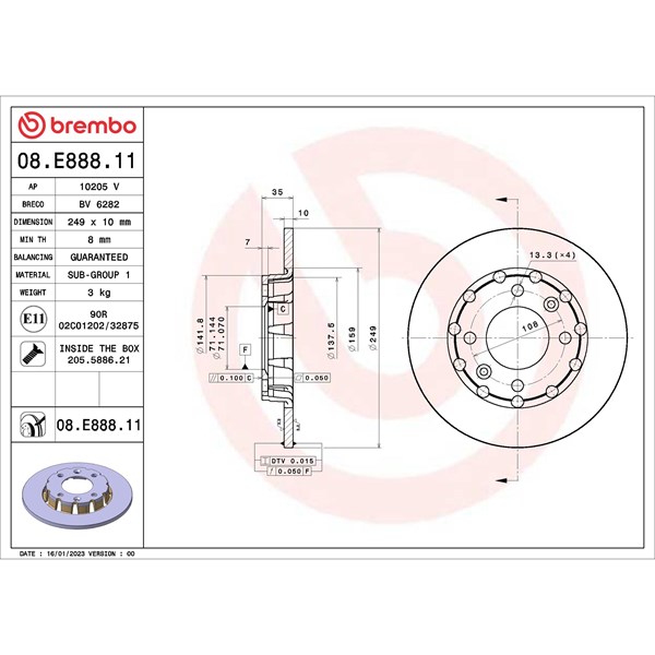Bromsskiva Solid, Bakaxel Brembo 08.E888.11 BREMBO