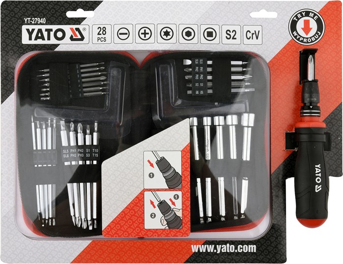 Skruvmejselsats 28 delar – Spärrhandtag och bits Yato YT-27940 Yato