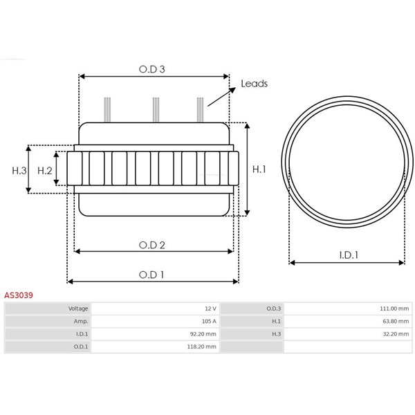 Stator, generator 12V 105A As-pl gul AS3039 AS-PL Stator, generator 12V 105A As-pl gul AS3039 AS-PL