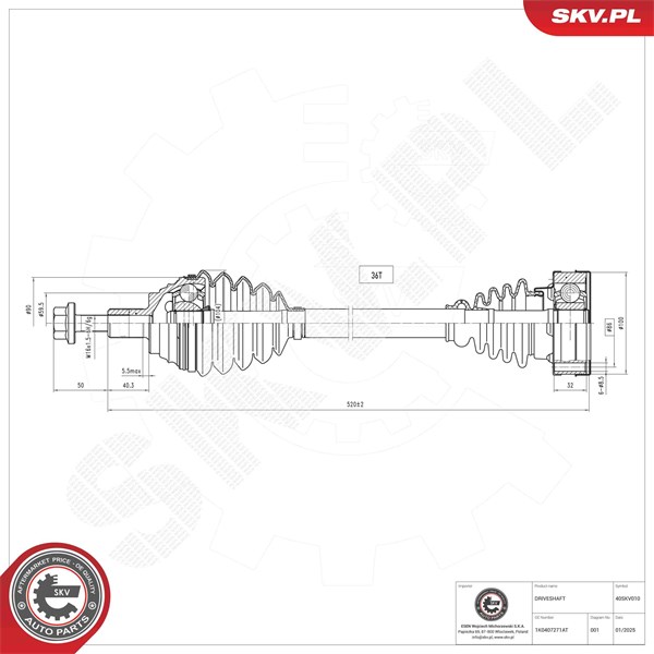 Drivaxel, framaxel vänster Esen skv 40SKV010 ESEN SKV