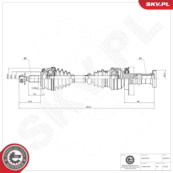 Drivaxel, framaxel höger Esen skv 40SKV018 ESEN SKV