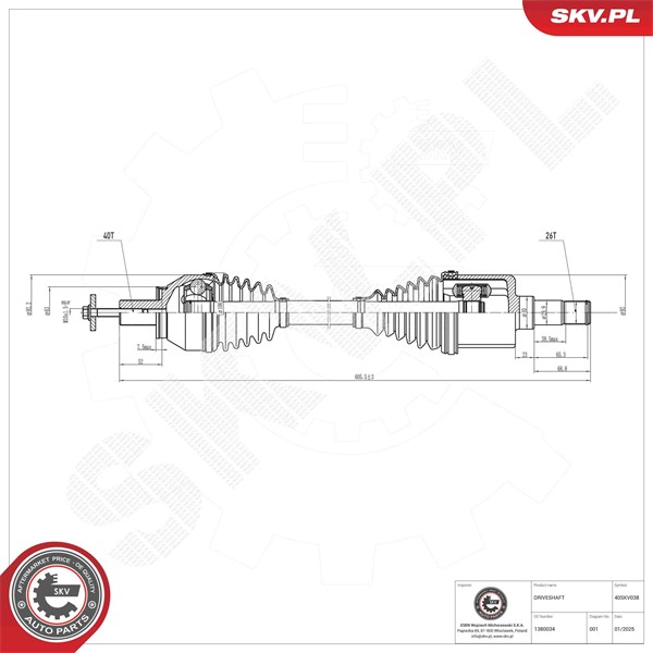 Drivaxel, framaxel vänster Esen skv 40SKV038 ESEN SKV