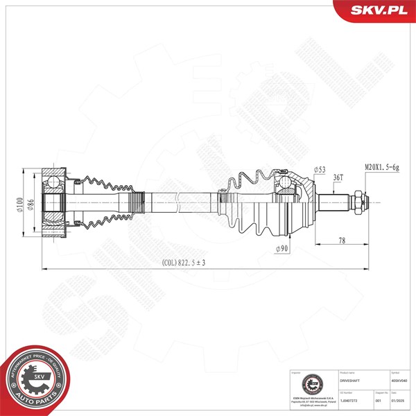 Drivaxel, framaxel höger Esen skv 40SKV040 ESEN SKV