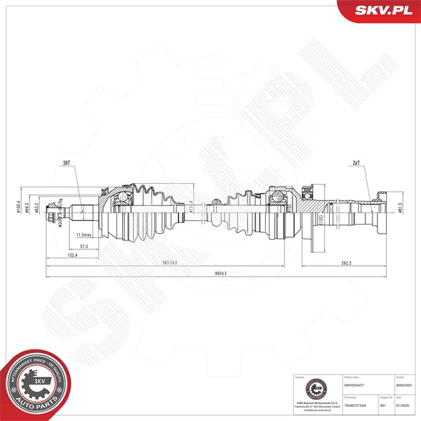 Drivaxel, framaxel höger Esen skv 40SKV051 ESEN SKV