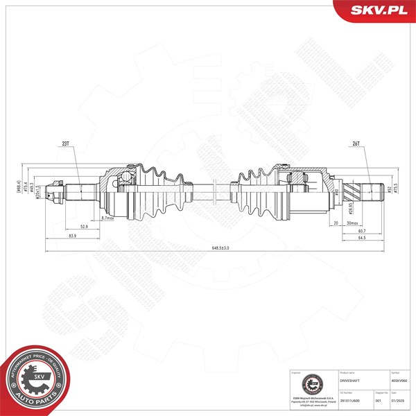 Drivaxel, framaxel vänster Esen skv 40SKV060 ESEN SKV