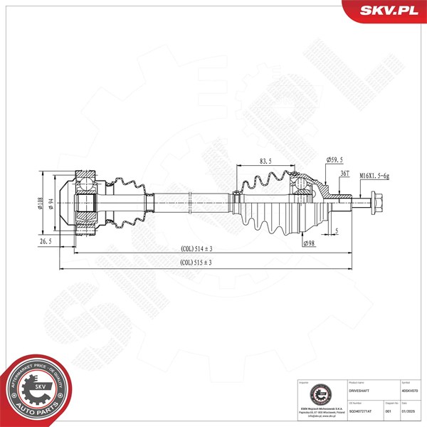 Drivaxel, framaxel vänster Esen skv 40SKV070 ESEN SKV