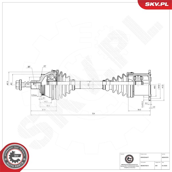 Drivaxel, framaxel vänster, framaxel höger Esen skv 40SKV076 ESEN SKV