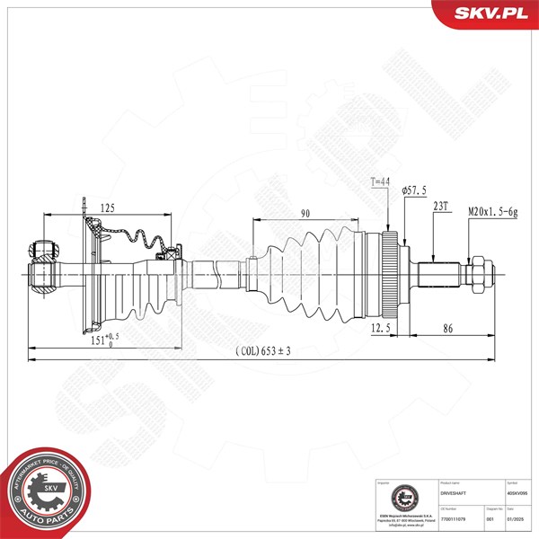 Drivaxel, framaxel vänster Esen skv 40SKV095 ESEN SKV