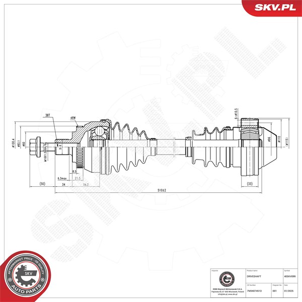 Drivaxel, framaxel höger, framaxel vänster Esen skv 40SKV099 ESEN SKV