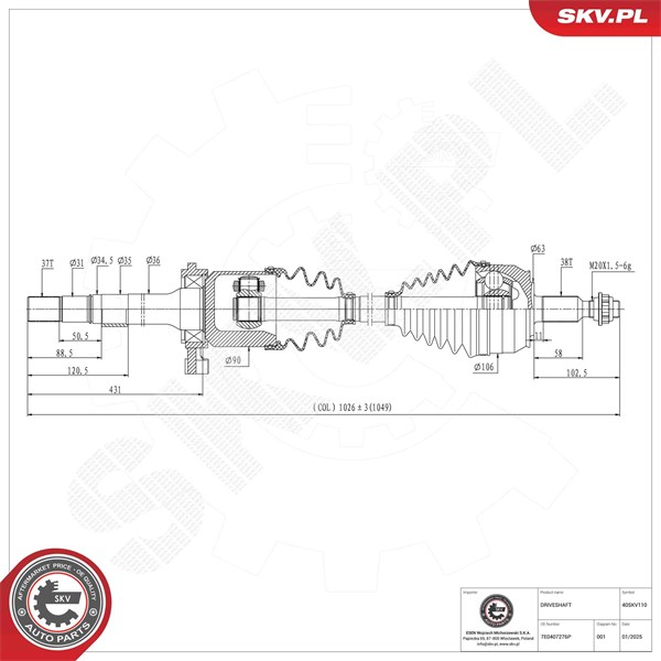 Drivaxel, framaxel höger Esen skv 40SKV110 ESEN SKV