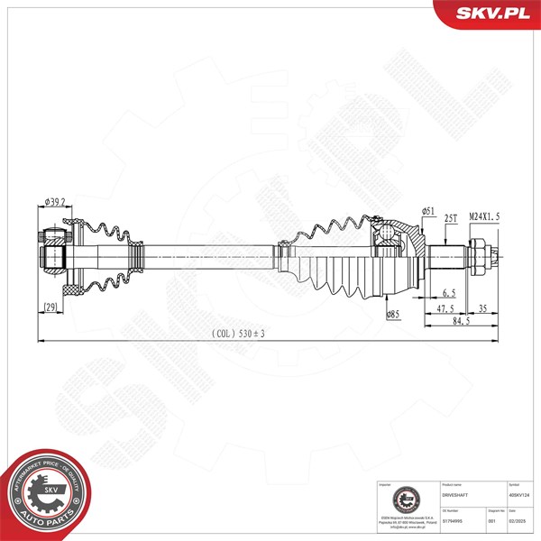 Drivaxel, framaxel vänster Esen skv 40SKV124 ESEN SKV