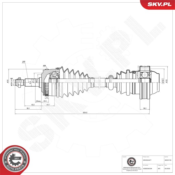 Drivaxel, framaxel höger, framaxel vänster Esen skv 40SKV135 ESEN SKV Drivaxel, framaxel höger, framaxel vänster Esen skv 40SKV135 ESEN SKV