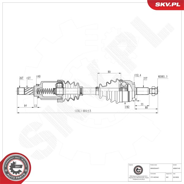 Drivaxel, framaxel vänster Esen skv 40SKV143 ESEN SKV