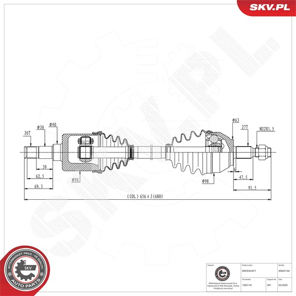 Drivaxel, framaxel vänster Esen skv 40SKV144 ESEN SKV