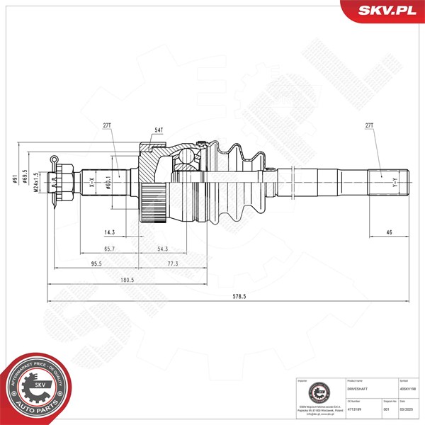 Drivaxel, framaxel vänster Esen skv 40SKV198 ESEN SKV