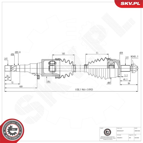 Drivaxel, framaxel höger Esen skv 40SKV205 ESEN SKV Drivaxel, framaxel höger Esen skv 40SKV205 ESEN SKV