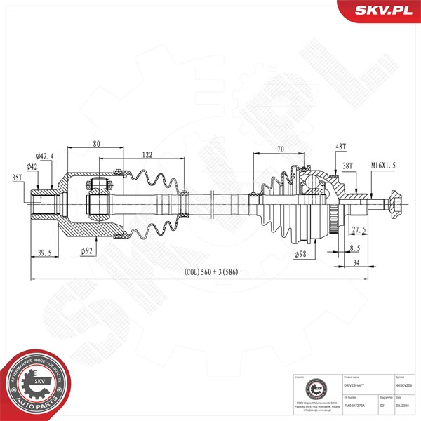 Drivaxel, framaxel höger Esen skv 40SKV206 ESEN SKV Drivaxel, framaxel höger Esen skv 40SKV206 ESEN SKV