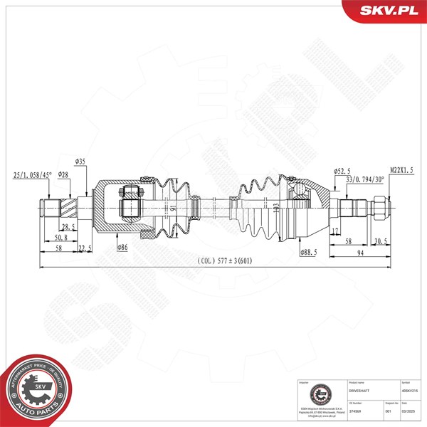 Drivaxel, framaxel vänster Esen skv 40SKV215 ESEN SKV
