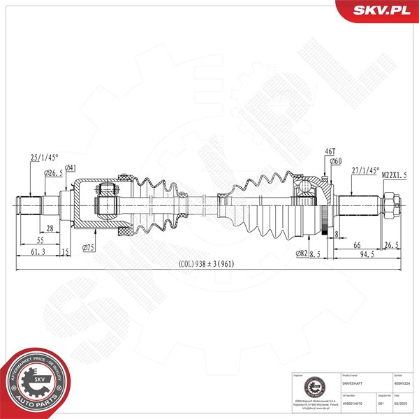 Drivaxel, framaxel höger Esen skv 40SKV224 ESEN SKV