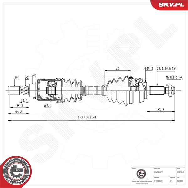 Drivaxel, framaxel höger Esen skv 40SKV240 ESEN SKV