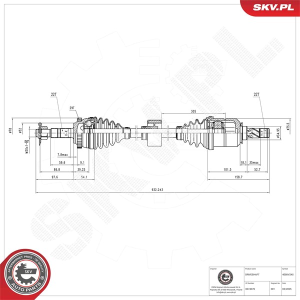 Drivaxel, framaxel höger Esen skv 40SKV245 ESEN SKV