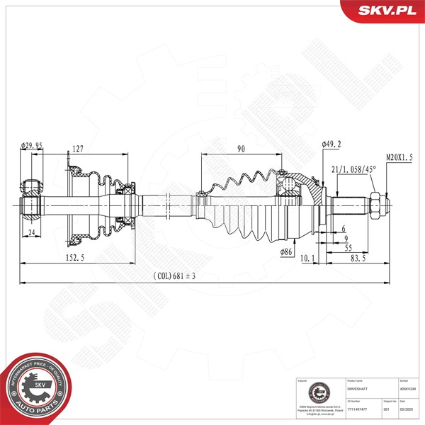 Drivaxel, framaxel vänster Esen skv 40SKV249 ESEN SKV Drivaxel, framaxel vänster Esen skv 40SKV249 ESEN SKV