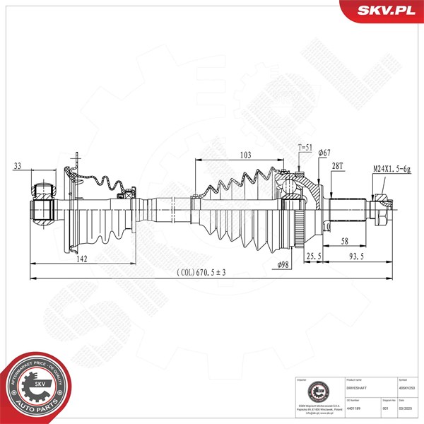 Drivaxel, framaxel vänster Esen skv 40SKV253 ESEN SKV