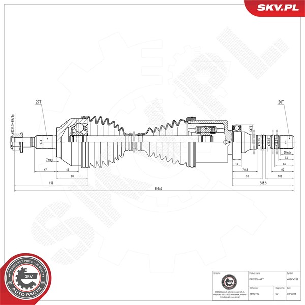 Drivaxel, framaxel höger Esen skv 40SKV259 ESEN SKV