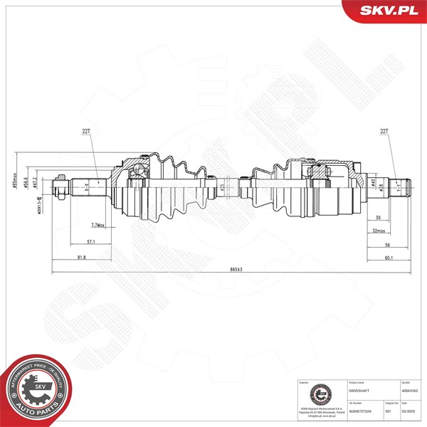Drivaxel, framaxel höger Esen skv 40SKV262 ESEN SKV