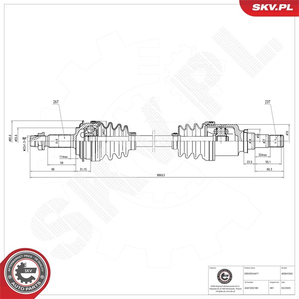 Drivaxel, framaxel höger Esen skv 40SKV265 ESEN SKV