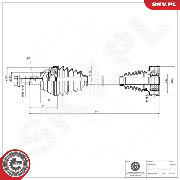 Drivaxel, framaxel höger Esen skv 40SKV273 ESEN SKV
