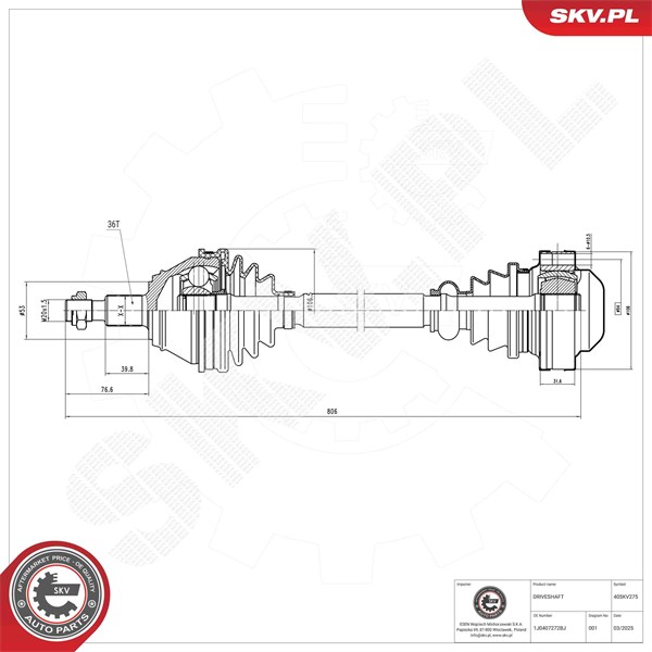 Drivaxel, framaxel höger Esen skv 40SKV275 ESEN SKV
