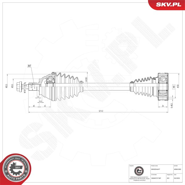 Drivaxel, framaxel vänster Esen skv 40SKV282 ESEN SKV