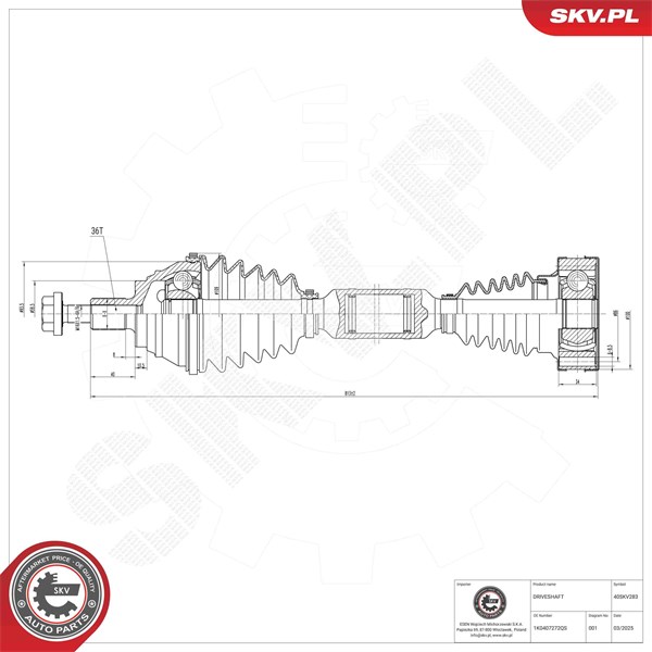 Drivaxel, framaxel höger, framaxel vänster Esen skv 40SKV283 ESEN SKV Drivaxel, framaxel höger, framaxel vänster Esen skv 40SKV283 ESEN SKV
