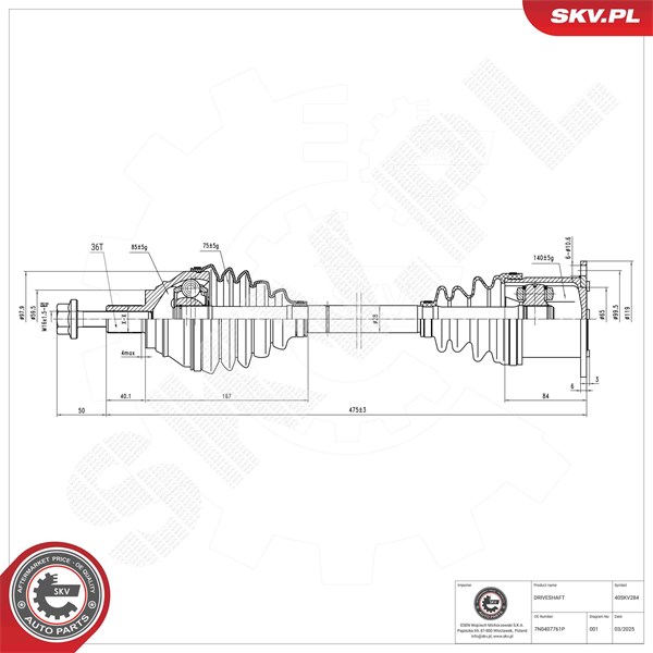 Drivaxel, framaxel vänster Esen skv 40SKV284 ESEN SKV
