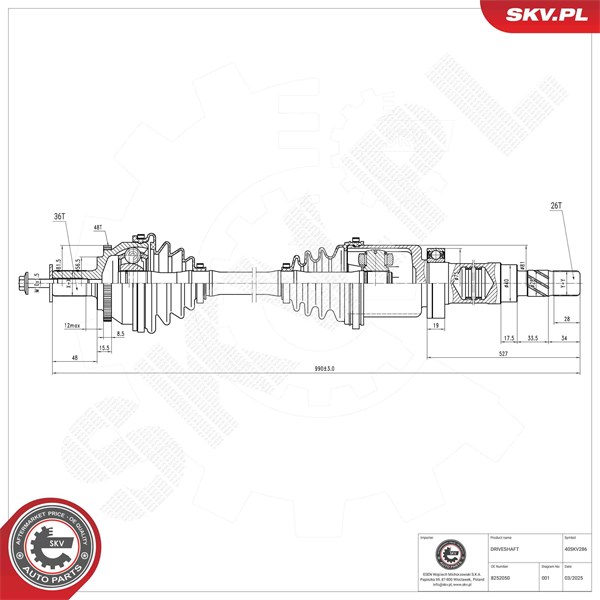 Drivaxel, framaxel höger Esen skv 40SKV286 ESEN SKV