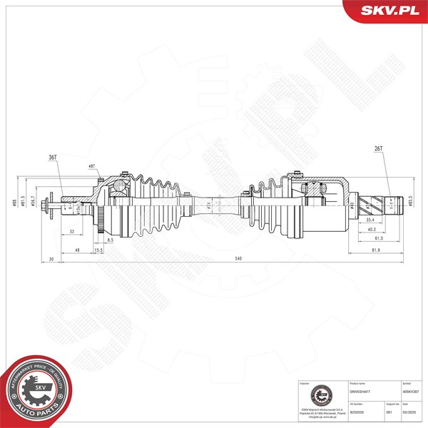 Drivaxel, framaxel vänster Esen skv 40SKV287 ESEN SKV