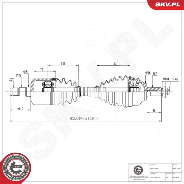 Drivaxel, framaxel vänster Esen skv 40SKV288 ESEN SKV