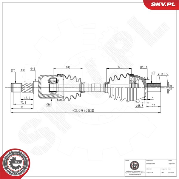 Drivaxel, framaxel vänster Esen skv 40SKV291 ESEN SKV