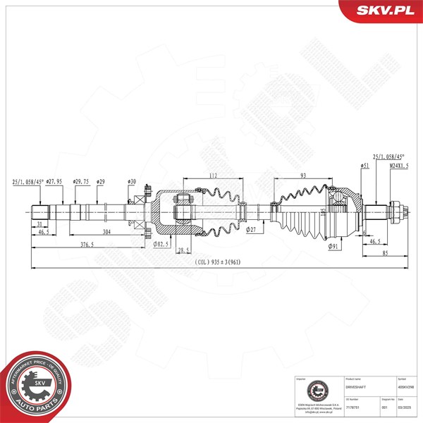 Drivaxel, framaxel höger Esen skv 40SKV298 ESEN SKV