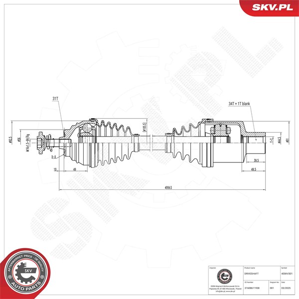 Drivaxel, framaxel höger Esen skv 40SKV301 ESEN SKV